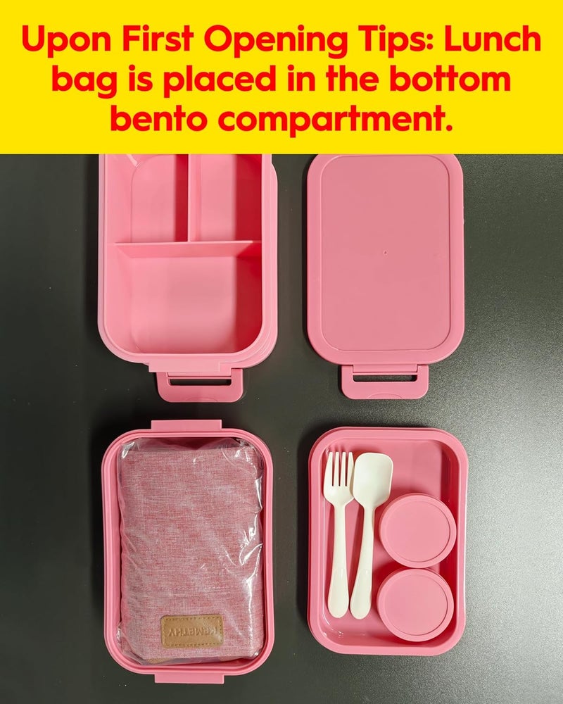 KEMETHY Adults Bento Lunch Box Set with Thermo Bag, 74oz Stackable Leak-proof 3-tiers Bento Box, Built-in Utensil and Sauce Container for Work, School, Dining Out (Pink) - Image 2